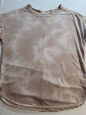 Cupio L Beige Marbled Knit Top Cap Sleeve High Low Hem Stretch Shirt